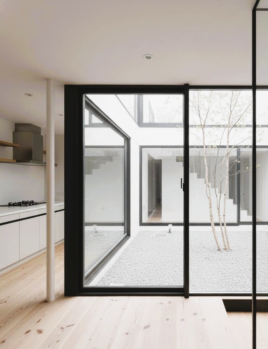 Glass corner kitchen overlooking an internal courtyard