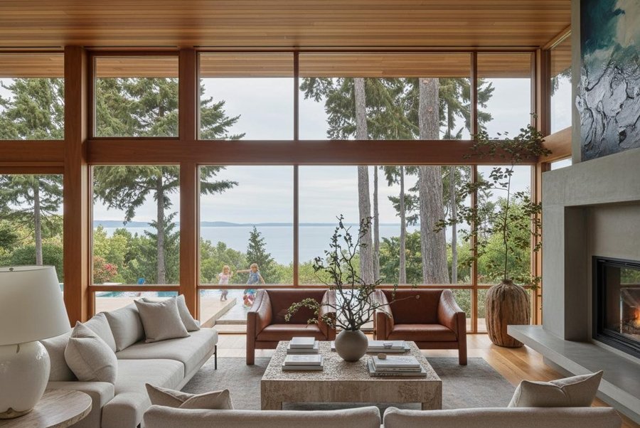 Living room with lake and forest view through timber-framed glazing