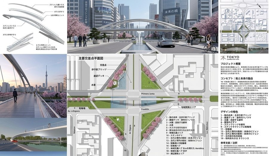 Pedestrian bridge and urban crossing masterplan, competition board